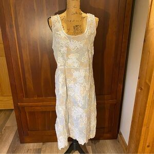 Sundance 100% SILK Trellis Embroidered Midi Dress M Cloud Grey Sheer NO SLIP